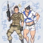  2boys bara belt black_belt boots brown_pants chris_redfield closed_mouth english_text gloves green_shirt hat highres kalamari large_pectorals looking_at_another male_focus multiple_boys muscular muscular_male official_alternate_costume pants pectorals piers_nivans resident_evil resident_evil:_revelations resident_evil_6 sailor_collar sailor_hat sailor_shirt scarf shirt shorts smile smoking_pipe sunglasses white_gloves white_shorts 