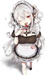  1girl ;p absurdres alternate_costume apron black_dress breasts commentary_request dress enmaided fangs feet_out_of_frame frilled_apron frilled_dress frills genderswap genderswap_(mtf) grey_hair hair_between_eyes head_tilt heart highres holding kuzuha_(nijisanji) long_hair maid maid_headdress medium_breasts nijisanji o-ring one_eye_closed red_eyes shadow signature simple_background sofra solo standing tongue tongue_out twitter_username two_side_up very_long_hair virtual_youtuber white_apron white_background 