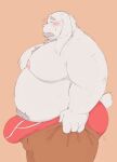  2023 anthro belly big_belly blush bottomwear bulge butt clothing facial_hair hi_res kemono lagomorph leporid male mammal mature_male momo_92698 moobs mustache nipples overweight overweight_male pants rabbit solo 