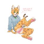  andromorph anthro camel_toe claws clothed clothing collar dialogue felid feline fur green_eyes hi_res hoodie intersex mammal odd_lee0 panties partially_clothed pawpads pink_pawpads serval solo topwear underwear yellow_body yellow_fur 