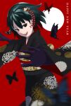  1girl bangs black_eyes black_gloves black_hair black_kimono blurry blurry_foreground bob_cut brown_sash bug butterfly circle commentary cowboy_shot elbow_gloves empty_eyes english_text floating_hair floral_print foreshortening gloves hair_between_eyes hair_ornament happy_new_year japanese_clothes kimono looking_at_viewer looking_to_the_side metal_(1841828) monogatari_(series) new_year obi obijime open_mouth oshino_ougi outstretched_arms red_background sash short_hair smile solo standing swallowtail_butterfly teeth upper_teeth_only 