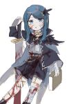  1other alternate_costume bandaged_arm bandaged_leg bandages black_cape black_feathers black_shorts black_socks blood blood_on_clothes blood_on_face blood_on_weapon blue_eyes blue_hair book cape feather_hair_ornament feathers hair_ornament highres holding holding_book holding_sword holding_weapon jewelry legwear_garter library_of_ruina looking_at_viewer ornament pale_skin porccu_200g project_moon ring shorts socks sword the_bookhunter weapon 