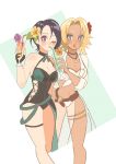  2girls bikini black_one-piece_swimsuit blonde_hair blue_hair breasts catherine_(fire_emblem) catherine_(summer)_(fire_emblem) chimney_(chimney0311) cleavage cup dark_skin drinking_straw fire_emblem fire_emblem:_three_houses fire_emblem_heroes flower hair_flower hair_ornament highres holding holding_cup looking_at_viewer multiple_girls one-piece_swimsuit one_eye_closed open_mouth ponytail sarong shamir_nevrand shamir_nevrand_(summer) swimsuit walking white_bikini white_sarong 