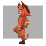  absurd_res anthro bandanna butt clothing cowboy_hat demon eyebrows fur gremile_&#039;hotshot&#039; grin hat headgear headwear hi_res horn imp kerchief kings_of_hell looking_back male red_body red_eyes red_fur short_stack smile solo spade_tail tail thick_eyebrows thunderlewd yellow_sclera 