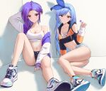  2girls belly blue_hair breasts candy cleavage commentary english_commentary food highres iris_summer leo_queval lollipop looking_at_viewer minah_(chaesu) multiple_girls purple_hair self-upload shoes shorts sitting sneakers thighs umi_and_iris 