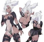  1girl animal_ears ass blue_eyes breasts byuub cleavage closed_eyes clothing_cutout cosplay dark-skinned_female dark_skin final_fantasy final_fantasy_xiv fran_(ff12) fran_(ff12)_(cosplay) highres large_breasts navel rabbit_ears revealing_clothes see-through_midriff simple_background solo viera warrior_of_light_(ff14) white_background white_hair 