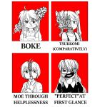  4girls absurdres anger_vein body_horror character_request commentary english_commentary english_text glasses highres hiiragi_kagami horror_(theme) izumi_konata lucky_star monochrome multiple_girls red_background short_hair takara_miyuki teeth toasty_rolls tongue tongue_out twintails 