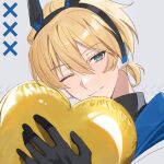  1boy balloon black_gloves blonde_hair blue_eyes chap_yun close-up closed_mouth gloves grey_background hair_between_eyes headphones heart highres holostars hugging_object jacket kishido_temma looking_at_viewer male_focus one_eye_closed ponytail portrait short_hair smile solo virtual_youtuber 