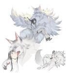  1boy 1girl animal_ear_fluff animal_ears animal_hands belly_rub black_hair blue_eyes body_fur claws closed_eyes closed_mouth commentary digitigrade fang fang_out full_body grey_fur grey_hair hand_up leviair licking licking_another&#039;s_face light_blush long_hair long_sleeves looking_at_another lying monster_boy on_back one_eye_closed original parted_lips playing_with_another&#039;s_hair simple_background sitting sitting_on_lap sitting_on_person sketch skirt solo symbol-only_commentary tail toned toned_male tongue tongue_out white_background wolf_boy wolf_ears wolf_tail yellow_eyes 