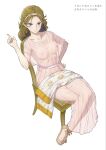  1girl absurdres arm_up blonde_hair blue_eyes breasts brown_footwear chair dress fabric greek_clothes headband highres kanden_sky large_breasts nipples original romaji_text sandals see-through see-through_dress sitting small_nipples white_background 