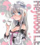  1girl ahoge blowing blue_eyes breasts character_name cleavage coffee cup glasses grey_hair hat heywood_l._edwards_(kancolle) highres holding holding_cup kantai_collection medium_breasts oeoeuhoho solo steam upper_body white_background 
