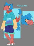  2023 3:4 3_claws 3_fingers 3_toes anthro archen avian back_scar barefoot beak biped blue_body blue_clothing blue_feathers blue_shirt blue_topwear bottomwear character_name claws clothed clothed_anthro clothed_male clothing cutoffs denim denim_clothing digital_drawing_(artwork) digital_media_(artwork) english_text eye_scar facial_scar feather_tuft feathers feet finger_claws fingers fossil_pokemon front_view full-length_portrait generation_5_pokemon headshot_portrait hi_res male mouth_closed multiple_images nintendo plantedpot pokemon pokemon_(species) pokemorph portrait red_beak red_legs red_tail red_talons reptile scalie scar shirt shorts simple_background solo standing tail tail_tuft talons teeth text text_on_clothing text_on_shirt text_on_topwear toe_claws toes topwear tuft vulcan_(plantedpot) white_claws winged_arms wings yellow_body yellow_feathers yellow_sclera 