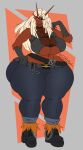  2023 abstract_background anthro ash_(tacticsart) belt blaziken boots bottomwear breasts chain clothed clothing denim denim_clothing female footwear generation_3_pokemon hair hi_res jeans long_hair looking_at_viewer nintendo pants pokemon pokemon_(species) skimpy solo tacticsart thick_thighs white_hair wide_hips 