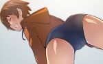  1girl ass blue_shorts blush brown_hair closed_eyes em_(totsuzen_no_hakike) freckles from_below girls_und_panzer hood hoodie orange_hoodie short_hair short_shorts shorts simple_background smile solo tsuchiya_(girls_und_panzer) 