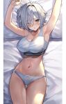  1girl absurdres armpits arms_up bare_arms bare_shoulders blush bow bow_panties breasts cleavage commentary_request cowboy_shot green_eyes grey_hair hair_intakes highres kabi_(zcwd8845) large_breasts lying navel on_back original paid_reward_available panties parted_lips pillow short_hair sleeveless solo stomach thigh_gap thighs underwear white_panties 