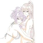  2girls bikini breasts brown_hair frilled_bikini frills high_ponytail highres hug jigokuraku large_breasts long_hair looking_at_viewer medium_breasts medium_hair mitsugu multiple_girls pale_color purple_hair scrunchie sideways_glance simple_background smile swimsuit topknot white_background wrist_scrunchie yamada_asaemon_sagiri yuzuriha_(jigokuraku) 