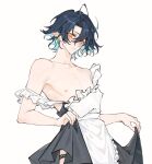  1boy arknights blue_hair chuan04826 clothes_lift cowboy_shot cuffs handcuffs holding holding_clothes holding_skirt lumen_(arknights) maid male_focus nipples orange_eyes pointy_ears short_hair simple_background skirt skirt_lift solo thighhighs toned toned_male white_background 