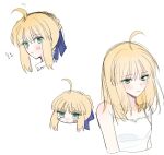  1girl ahoge artoria_pendragon_(fate) blonde_hair blue_bow blush blush_stickers bow braid fate/stay_night fate_(series) french_braid green_eyes hair_bow highres kome_rice12 korean_commentary nightgown parted_lips saber simple_background sketch white_background 