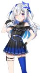  1girl absurdres amane_kanata amane_kanata_(3rd_costume) asymmetrical_bangs belt black_dress black_gloves blue_belt blue_dress blue_hair blush colored_inner_hair cowboy_shot double_v dress fang gloves gradient_dress grey_hair hair_ornament hair_over_one_eye hairclip highres hololive jacket jewelry long_hair long_sleeves looking_at_viewer momip multicolored_hair necklace official_alternate_hair_length official_alternate_hairstyle open_mouth pantyhose pantyhose_around_one_leg partially_fingerless_gloves pleated_dress puffy_long_sleeves puffy_sleeves simple_background single_hair_intake skin_fang smile solo star_(symbol) star_necklace two_side_up v virtual_youtuber white_background white_jacket 