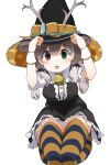  1girl :p absurdres animal_ears antlers bell black_dress blush bow bowtie brown_hair center_frills deer_ears dress extra_ears frilled_dress frills green_eyes halloween hat heterochromia highres iwa_(iwafish) kemono_friends kemono_friends_3 looking_at_viewer multicolored_hair neck_bell official_alternate_costume orange_thighhighs puffy_short_sleeves puffy_sleeves purple_thighhighs red_bow red_bowtie red_eyes reindeer_(kemono_friends) reindeer_antlers reindeer_girl shirt short_sleeves sitting solo striped striped_thighhighs thighhighs tongue tongue_out twintails white_shirt witch witch_hat wrist_cuffs zettai_ryouiki 