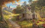  1boy 6+others artist_name blue_sky blunell_(artist) building castle cloud commentary english_commentary european_architecture fence grass harry_potter_(series) highres house multiple_others outdoors path pumpkin rubeus_hagrid scarecrow signature sky tree watermark wheelbarrow wizarding_world wooden_fence 