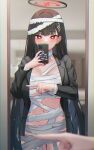  1girl bandages black_hair black_nails blue_archive blunt_bangs blurry blurry_foreground breasts bright_pupils covering_nipples female_pov hair_ornament hairclip halo holding holding_phone indoors large_breasts long_hair looking_at_mirror meme mijikayo_(user_eyyx8247) mirror one_finger_selfie_challenge_(meme) phone pov red_eyes reflection reflection_focus rio_(blue_archive) solo taking_picture 