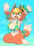  1girl adapted_costume animal_crossing armpits arms_up audie_(animal_crossing) bikini breasts cleavage eyeshadow fang flower front-tie_bikini_top front-tie_top furry furry_female hair_flower hair_ornament hair_ribbon highres kame_(3t) large_breasts looking_at_viewer makeup orange_fur outstretched_arms pineapple_print ribbon scrunchie side-tie_bikini_bottom sitting smile solo sunflower_hair_ornament swimsuit tail two-tone_fur wariza wolf_girl wolf_tail wrist_scrunchie yellow_eyeshadow 