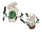  coffee cup drawing_on_own_face english_commentary highres holding holding_pen marker no_humans original pen pokemon_(creature) poltchageist simple_background starbucks startboii white_background 