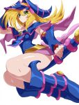  1girl bare_shoulders blonde_hair blue_footwear blue_headwear blush_stickers breasts cleavage dark_magician_girl duel_monster green_eyes hat highres holding holding_wand large_breasts long_hair looking_at_viewer mandei_(nao_1234567) solo wand white_background wizard_hat yu-gi-oh! yu-gi-oh!_duel_monsters 