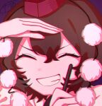  1girl brown_hair chromatic_aberration close-up closed_eyes facing_viewer happy hat holding holding_pen limited_palette one-hour_drawing_challenge open_mouth pen pom_pom_(clothes) purple_background red_headwear shameimaru_aya simple_background smile solo teeth tokin_hat touhou zabu_rou 