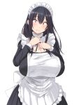  1girl apron back_bow black_dress black_eyes black_hair blush bow breasts cleavage closed_mouth dress hair_between_eyes highres huge_breasts long_hair long_sleeves looking_at_viewer maid maid_apron maid_headdress natsuishi_nana original sidelocks simple_background solo standing white_background 