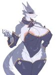  2023 absurd_res anthro areola biped blue_eyes camel_toe canid canine canis canyne capcom carsen clothed clothing eyelashes female grey_body hi_res legwear mammal monster_hunter navel_outline nipple_outline open_mouth palamute simple_background solo thigh_highs white_background white_body wolf 