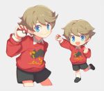  1boy black_shorts blonde_hair blue_eyes chibi closed_mouth collared_shirt commentary_request hand_up happy holding holding_poke_ball long_sleeves looking_at_viewer male_focus multiple_views poke_ball poke_ball_(basic) pokemon pokemon_(game) pokemon_swsh red_sweater shirt short_hair shorts simple_background smile sweater white_background white_shirt wusagi2 youngster_(pokemon) 
