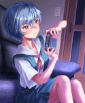  1girl ayanami_rei blue_hair blue_skirt blush bow bowtie closed_mouth collarbone collared_shirt commentary concentrating couch door dress_shirt hair_between_eyes handheld_game_console highres holding holding_handheld_game_console light_switch living_room looking_ahead neck_ribbon neon_genesis_evangelion nintendo_switch on_couch playing_games red_bow red_bowtie red_eyes red_ribbon ribbon school_uniform serious shirt short_hair sitting skirt solo suspender_skirt suspenders tokyo-3_middle_school_uniform wavy_mouth white_shirt yahha 