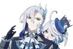  1boy 1girl ahoge ascot asymmetrical_gloves black_gloves blue_eyes closed_mouth de_xiang_ge_banfa_zhao_dian_fan_chi feather_hair_ornament feathers furina_(genshin_impact) genshin_impact gloves hair_ornament hand_up heterochromia highres long_hair mismatched_gloves neuvillette_(genshin_impact) open_mouth simple_background smile upper_body very_long_hair white_ascot white_background white_gloves white_hair 