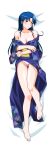  1girl barefoot bed_sheet blue_eyes blue_hair blush breasts collarbone dakimakura_(medium) floral_print fujiwara_aya full_body highres japanese_clothes kimono large_breasts long_hair long_sleeves non-web_source off_shoulder official_art panties pantyshot photoshop_(medium) solo super_real_mahjong tanaka_ryou underwear 