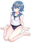  1girl arm_support bare_legs barefoot blue_eyes blue_hair blue_sailor_collar blush bright_pupils closed_mouth collarbone commentary_request feet full_body hairband highres lana_(pokemon) legs no_pants no_sclera nobita_(nbnobita) one-piece_swimsuit pokemon pokemon_(game) pokemon_sm sailor_collar shirt short_hair sitting sleeveless sleeveless_shirt smile solo swimsuit swimsuit_under_clothes toes white_pupils white_shirt yellow_hairband 