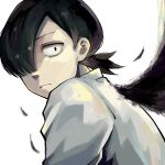  1boy black_hair choujin_x closed_mouth collared_shirt cowlick cropped_torso feather_collar feathered_wings feathers grey_eyes hair_over_one_eye highres kurohara_tokio_(choujin_x) looking_at_viewer looking_back male_focus mullet one_eye_covered serious shirt short_hair simple_background solo upper_body white_background white_shirt wings yuma_kahara 