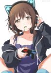  1girl absurdres alternate_costume animal_ear_headphones animal_ears black_jacket blue_shirt blush brown_eyes brown_hair candy cat_ear_headphones collarbone commentary controller fake_animal_ears food funami_yui game_controller hair_between_eyes hand_on_headphones headphones highres holding holding_controller holding_game_controller hood hooded_jacket jacket lollipop long_sleeves looking_at_viewer low_twintails mouth_hold nnn_yryr open_clothes open_jacket shirt short_hair short_twintails simple_background sitting solo spaghetti_strap symbol-only_commentary twintails twitter_username white_background yuru_yuri 