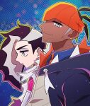  2boys black_hair blue_background blue_shirt chacha_(ss_5087) closed_mouth collared_shirt commentary dark-skinned_male dark_skin earrings eyeshadow from_side grey_eyes headband hood hood_down hoodie jacket jewelry makeup male_focus multicolored_hair multiple_boys orange_headband piers_(pokemon) pokemon pokemon_(game) pokemon_swsh raihan_(pokemon) shirt short_hair smile tassel two-tone_hair undercut upper_body 