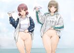  2girls ao_no_hako_(wsj) blue_jacket brown_eyes brown_hair chono_hina clothes_lift clothes_writing commentary_request female_pubic_hair holding holding_clothes holding_panties holding_underwear ishikei jacket kano_chinatsu lifted_by_self looking_at_viewer multiple_girls no_panties panties pubic_hair purple_panties red_eyes red_hair shirt_lift short_hair short_twintails standing track_jacket twintails underwear white_jacket white_panties 