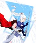  2girls arms_around_waist belt black_hair blue_background blue_dress blue_eyes cape closed_eyes dress gloves gradient_hair highres holding holding_sword holding_weapon hug long_hair multicolored_background multicolored_hair multiple_girls myrtenaster open_mouth ponytail red_cape red_hair ruby_rose rwby scar scar_across_eye short_hair sword tearing_up tiara weapon weiss_schnee white_background white_hair 