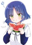  1girl asymmetrical_bangs blue_hair bocchi_the_rock! eating eyes_visible_through_hair food food_on_face fruit hair_ornament hairclip highres mole mole_under_eye nanami_ayane_(kusunoki5050) ribbon shirt short_hair watermelon white_shirt yamada_ryo yellow_eyes 