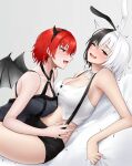  2girls ;d animal_ears azur_lane bare_arms bare_shoulders black_hair black_hairband blush breasts bruenhilde_(azur_lane) camisole choker cleavage commentary_request criss-cross_halter crop_top fake_animal_ears fake_horns fake_wings grey_background hairband halterneck highres horns jakqbigone large_breasts midriff multicolored_hair multiple_girls navel one_eye_closed purple_eyes red_hair short_hair smile spaghetti_strap stomach suspenders two-tone_hair weser_(azur_lane) white_choker white_hair wings 