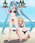  2girls :o aqua_hair aqua_nails aruman assisted_exposure beach bikini bikini_pull black_bikini blonde_hair blue_eyes blue_sky blurry blurry_background bottle bow breasts censored clothes_pull cloud cocktail_glass colored_shoe_soles commentary cup double_v drinking_glass female_pubic_hair full_body furrowed_brow grin hair_bow hair_ornament hairband hairclip half-closed_eyes hands_up hatsune_miku high_heels highres holding holding_tray horizon kagamine_rin large_breasts long_hair looking_at_viewer looking_down mosaic_censoring multiple_girls navel ocean on_one_knee outdoors paid_reward_available pubic_hair pulled_by_another pussy sandals sky small_breasts smile standing swept_bangs swimsuit towel_on_one_shoulder tray trembling twintails v variant_set very_long_hair vocaloid white_bow white_hairband wine_bottle 