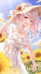  1girl adjusting_clothes adjusting_headwear bare_shoulders cloud collarbone dress flower frilled_dress frills ginniroya hat highres lens_flare medium_hair off-shoulder_dress off_shoulder original pink_eyes pink_hair sky smile solo straw_hat sunflower sunlight white_dress 