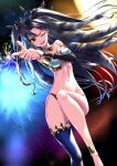  1girl armlet bikini black_hair earrings elbow_gloves fate/grand_order fate_(series) gloves highres hoop_earrings ishtar_(fate) jewelry kaijin-m long_hair long_legs looking_at_viewer mismatched_bikini one_eye_closed open_mouth red_eyes single_elbow_glove single_thighhigh swimsuit thighhighs tiara two_side_up 