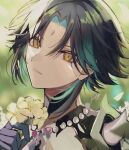  1boy bishounen black_hair flower genshin_impact green_hair highres jewelry looking_at_viewer male_focus multicolored_hair necklace pearl_necklace rtms_00 short_hair signature streaked_hair xiao_(genshin_impact) yellow_eyes 