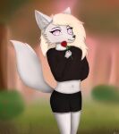  anthro blonde_hair canid canine clothing fan_character female flower fur hair joeumbre mammal plant purple_eyes rose_(disambiguation) sky solo tail tree white_body white_fur 
