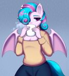  alunedoodle bat_pony blue_hair cleavage_cutout clothing equid fan_character fur girly hair hasbro hi_res male mammal membrane_(anatomy) membranous_wings multicolored_hair my_little_pony pink_body pink_fur pink_hair purple_eyes sweetie_swirl_(twilybutt) two_tone_hair wings 